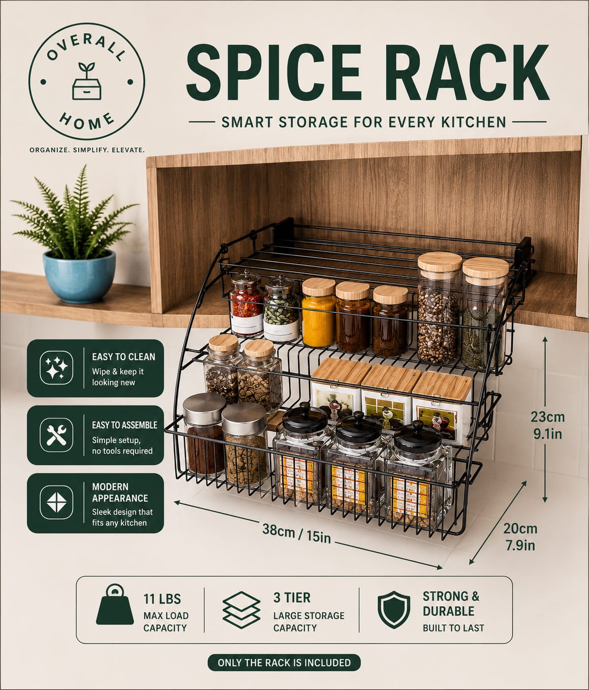 3 Tier Pull Down Spice Rack Organizer for Kitchen | Wall Mounted Cabinet Storage